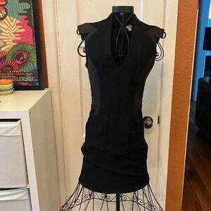 Helmut Lang Black Wool and Blistered Leather Panel Dress-Sz 2